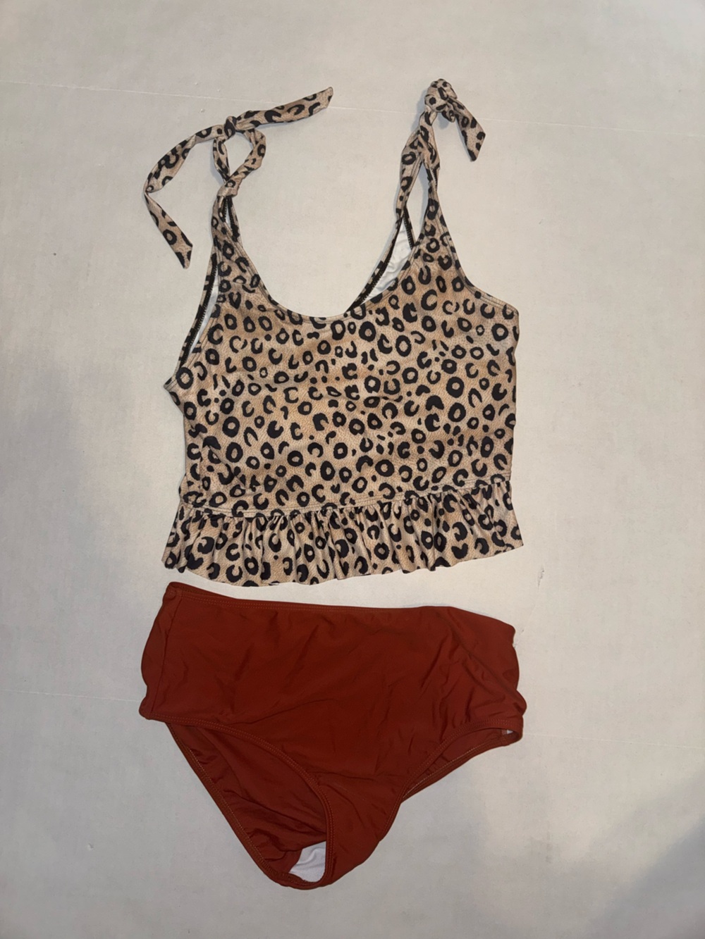 Leopard Print Ruffle Tankini Top with Rust Swim Bottoms